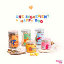 Assorted pet food containers with colorful labels on a white background, featuring the text 'One Ingredient = Happy Dog'.