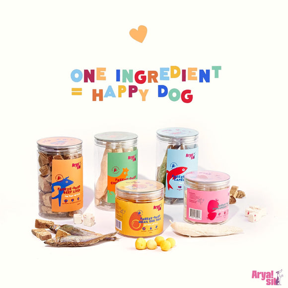Assorted pet food containers with colorful labels on a white background, featuring the text 'One Ingredient = Happy Dog'.