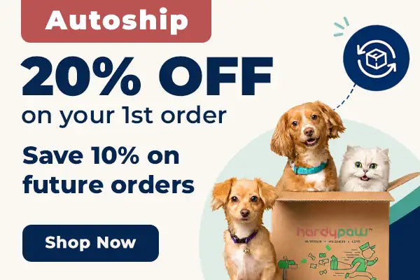 A brown cardboard box with a cartoon illustration of dogs and cats, labeled ’hardypaw’ in green text.
