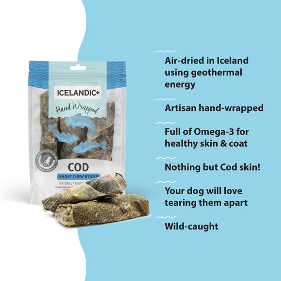Icelandic+ Hand Wrapped Cod Skin Long Chew Stick Dog Treats.