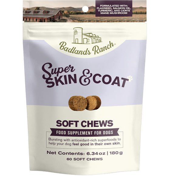 Package of Badlands Ranch Super Skin & Coat soft chews for dogs on a white background