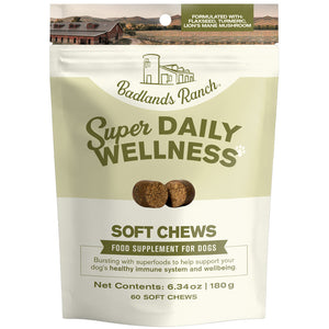 Badlands Ranch Super Daily Wellness soft chews package for dogs on a white background
