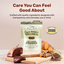 Super Daily Wellness soft chews for dogs with ingredients and branding on a wooden surface.
