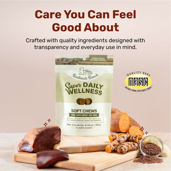 Super Daily Wellness soft chews for dogs with ingredients and branding on a wooden surface.