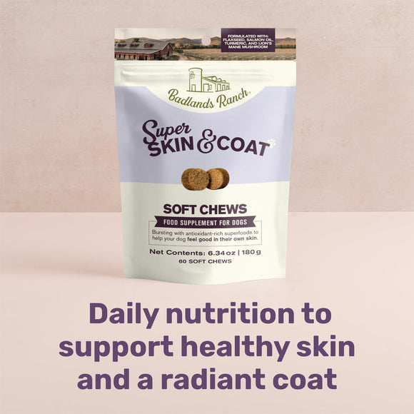 Bag of Badlands Ranch Super Skin & Coat Soft Chews for dogs on a pink background