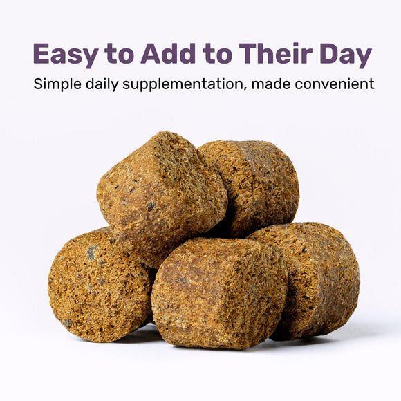 Stack of brown pet treats with text on a white background