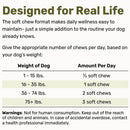 Dog chew product information sheet with weight-based usage guide.