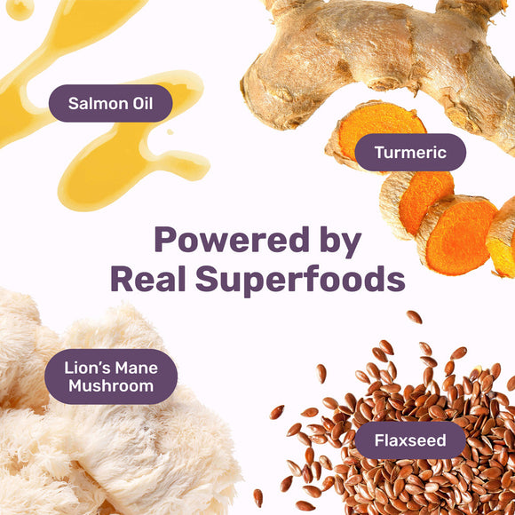 Superfoods like salmon oil, turmeric, lion's mane mushroom, and flaxseed with text 'Powered by Real Superfoods' on a white background.