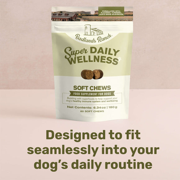 Bag of Badlands Ranch Super Daily Wellness Soft Chews for dogs on a pink background
