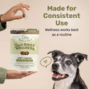 Hand holding a packet of 'Super Daily Wellness' soft chews for dogs with a dog looking at the camera on a beige background.