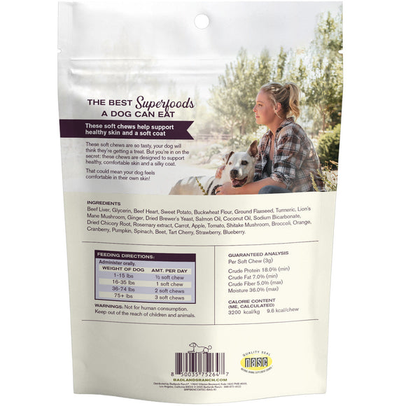 Dog food packaging with a woman and dog on a white background