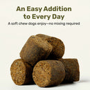 Stack of brown dog chews with text on a white background
