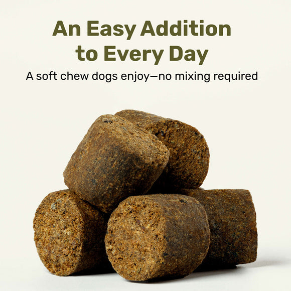 Stack of brown dog chews with text on a white background