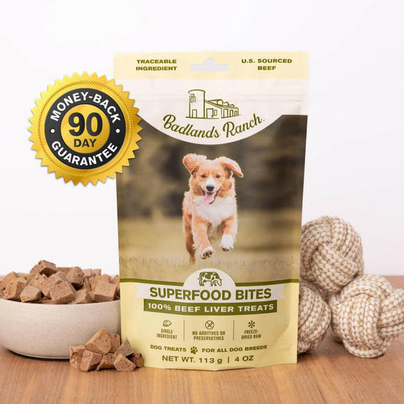 Food Guarantee of Badlands Ranch Superfood Bites Air Dried Premium Beef Liver Treats for Dogs