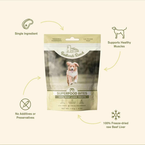Food Feaures of Badlands Ranch Superfood Bites Air Dried Premium Beef Liver Treats for Dogs