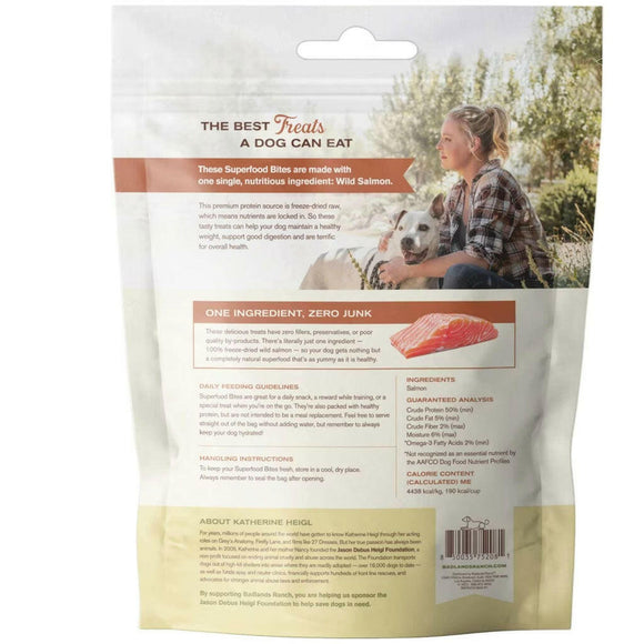 Back Label of Badlands Ranch Superfood Bites Air Dried Premium Treats for Dogs, Wild Salmon Treats