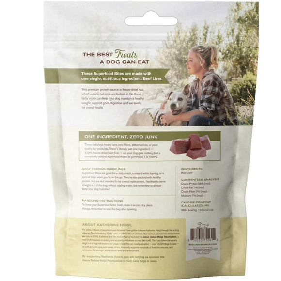 Back Label of Badlands Ranch Superfood Bites Air Dried Premium Treats for Dogs, Beef Liver Treats