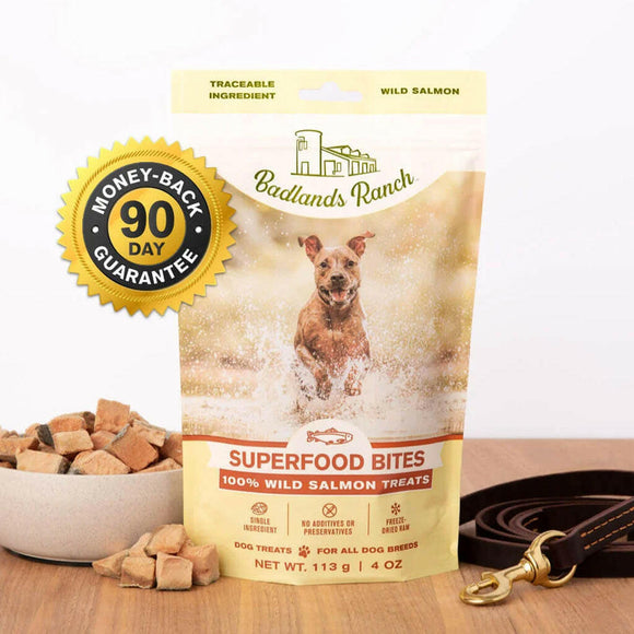 Food Guarantee of Badlands Ranch Superfood Bites Air Dried Premium Wild Salmon Treats for Dogs