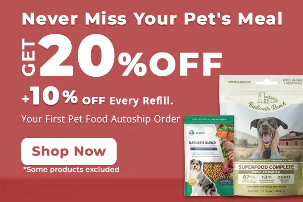 Badlands ranch superfood complete beef formula pet food in a white and green bag with an image of a dog.