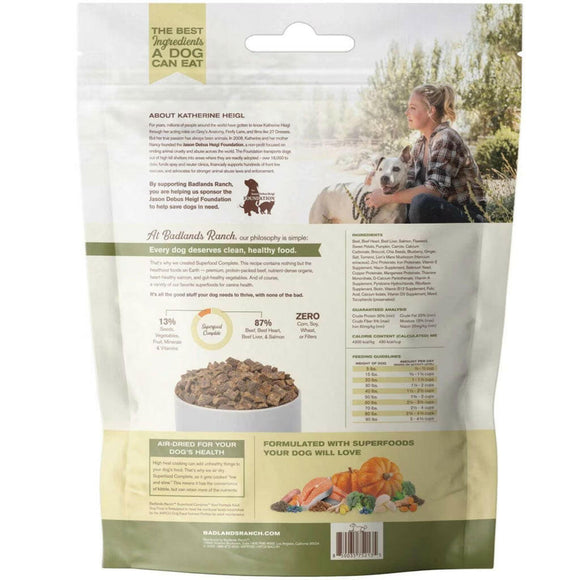 Back Label of Badlands Ranch Superfood Complete Premium Air Dried Beef Dog Food