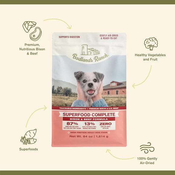 Food features of Badlands Ranch Superfood Complete Premium Air Dried Bison & Beef Dog Food