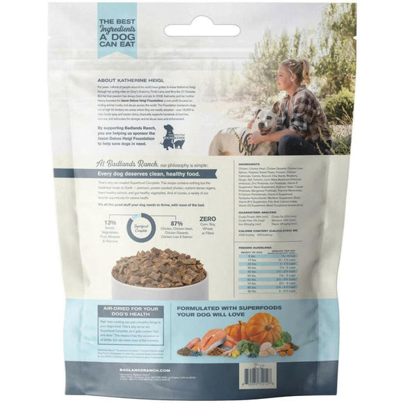 Back Label of Badlands Ranch Superfood Premium Air Dried Chicken Dog Food