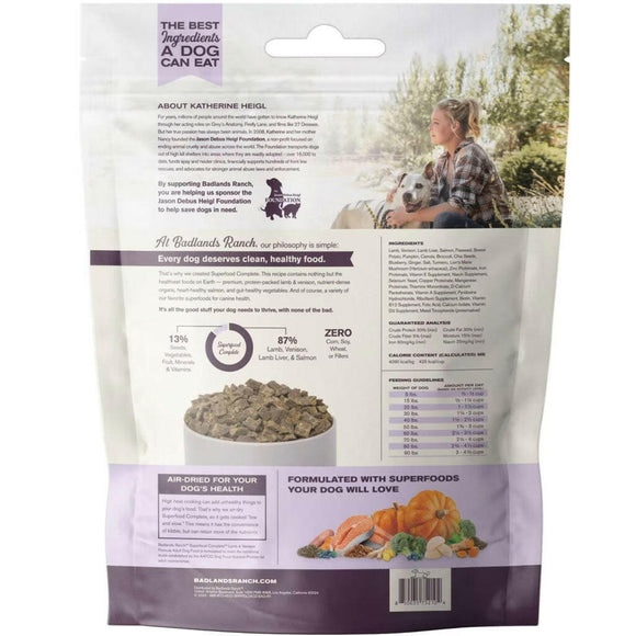 Back Label of Badlands Ranch Superfood Complete Premium Air Dried  Dog Food - Lamb and Venison