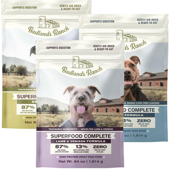 Badlands Ranch Superfood Complete Premium Air Dried Dog Food, Variety Flavor (Beef, Chicken & Lamb & Venison), 64 oz (3-Pack)