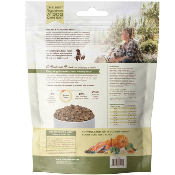 Back Label of Badlands Ranch Superfood Complete Premium Air Dried  Dog Food - Beef Flavor