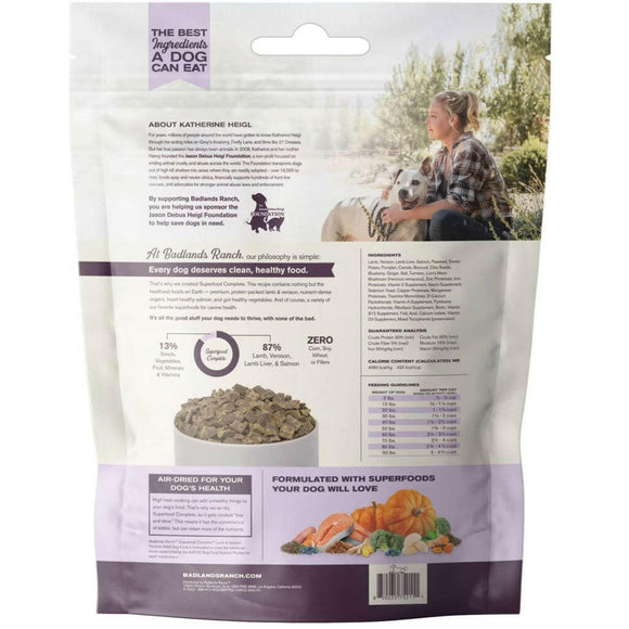 Back Label of Badlands Ranch Superfood Complete Premium Air Dried Lamb & Venison Dog Food
