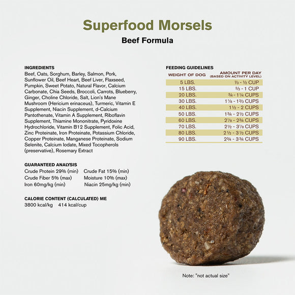 Ingredients and Feed Guidelines of Badlands Ranch Superfood Complete Raw Coated Morsels Beef Dog
