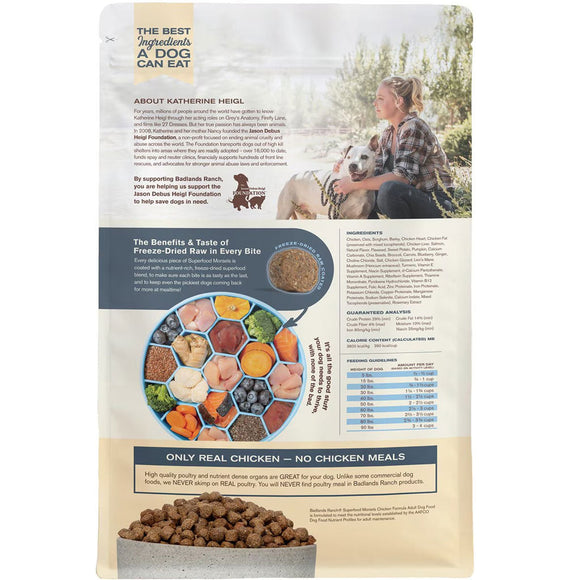 Back Label of Badlands Ranch Superfood Complete Raw Coated Morsels Chicken Dog