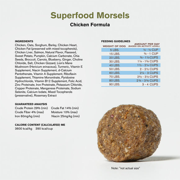 Ingredients and Feed Guidelines of Badlands Ranch Superfood Complete Raw Coated Morsels Chicken Dog