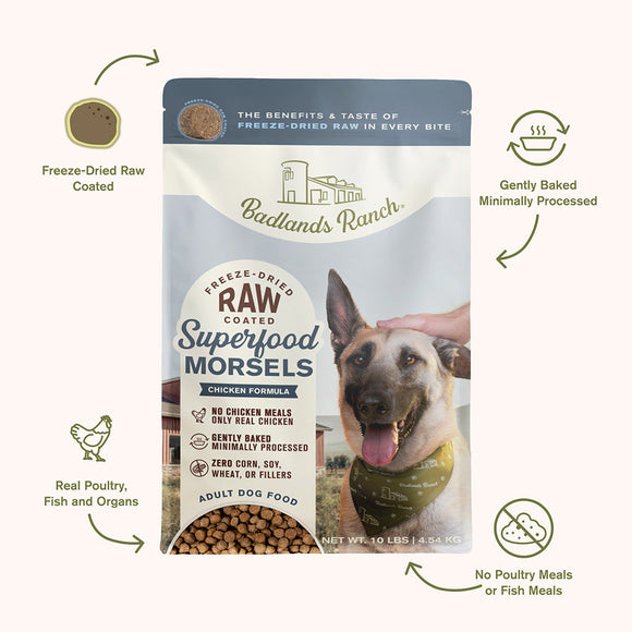 Food Features of Badlands Ranch Superfood Complete Raw Coated Morsels Chicken Dog