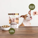 Dog food package with a dog and treats on a table