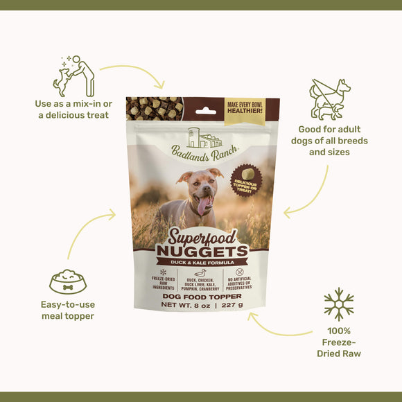 Bag of Superfood Nuggets dog food topper with features highlighted on a white background