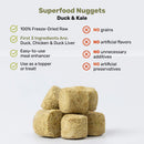 Superfood Nuggets with duck and kale on a white background, featuring text about ingredients and properties.