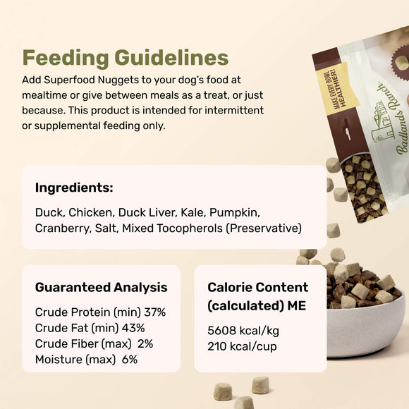 Feeding guidelines and product details for Superfood Nuggets with a bowl of nuggets on a beige background.