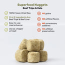 Superfood Nuggets with bison and kale on a white background, featuring text about ingredients and properties.