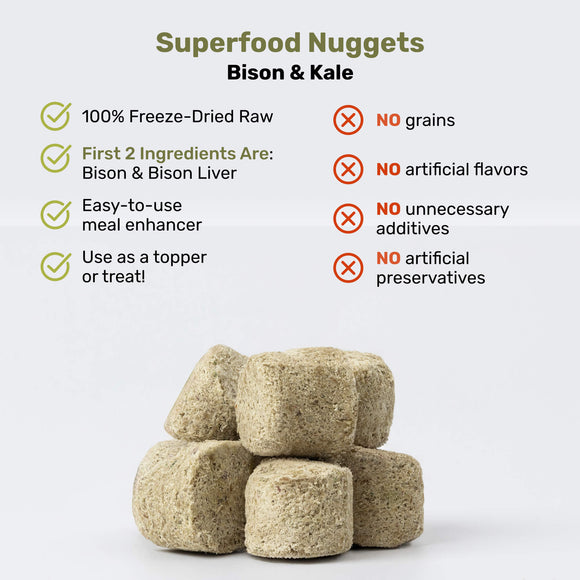Superfood Nuggets with bison and kale on a white background, featuring text about ingredients and properties.