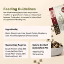 Feeding guidelines and product details for Superfood Nuggets with ingredients list and guaranteed analysis on a beige background.
