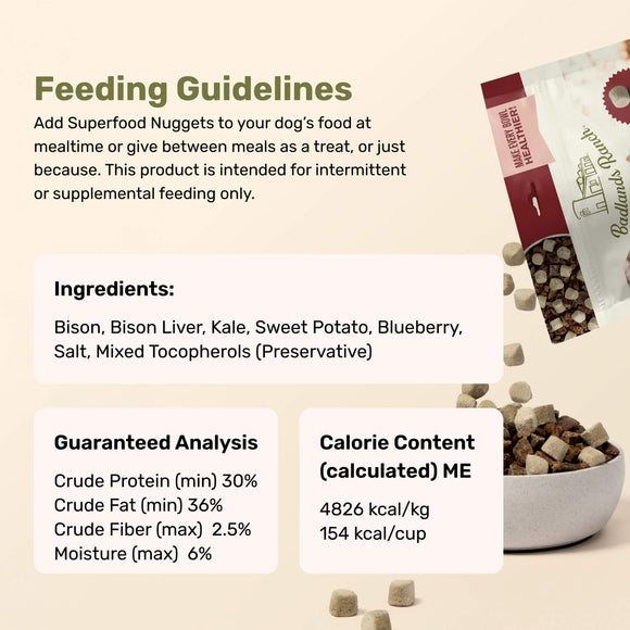 Feeding guidelines and product details for Superfood Nuggets with ingredients list and guaranteed analysis on a beige background.