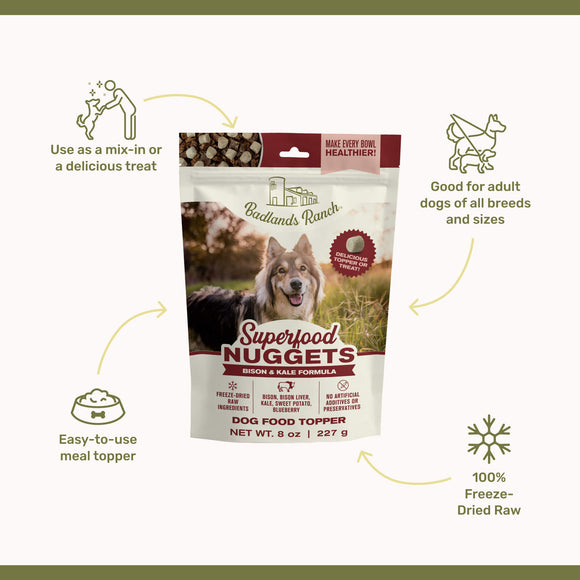 Bag of Badlands Ranch Superfood Nuggets dog food topper with features highlighted on a white background.