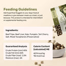Feeding guidelines and product details for Superfood Nuggets on a beige background