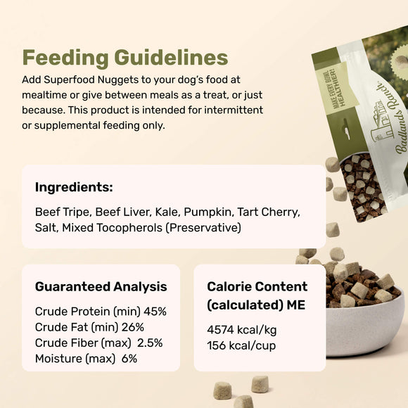 Feeding guidelines and product details for Superfood Nuggets on a beige background
