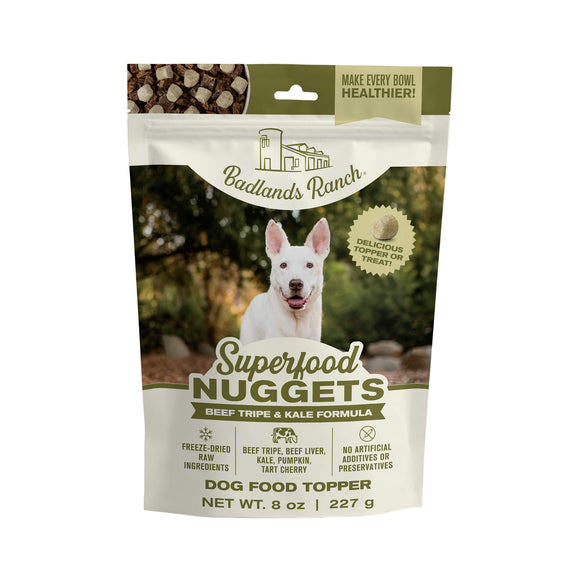 Badlands Ranch Superfood Nuggets dog food topper package with a white dog on the label.