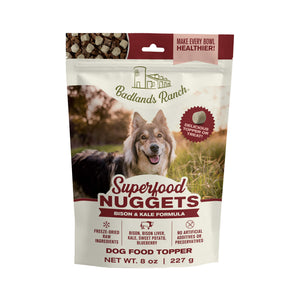Badlands Ranch Superfood Nuggets dog food topper package with a dog on the label.