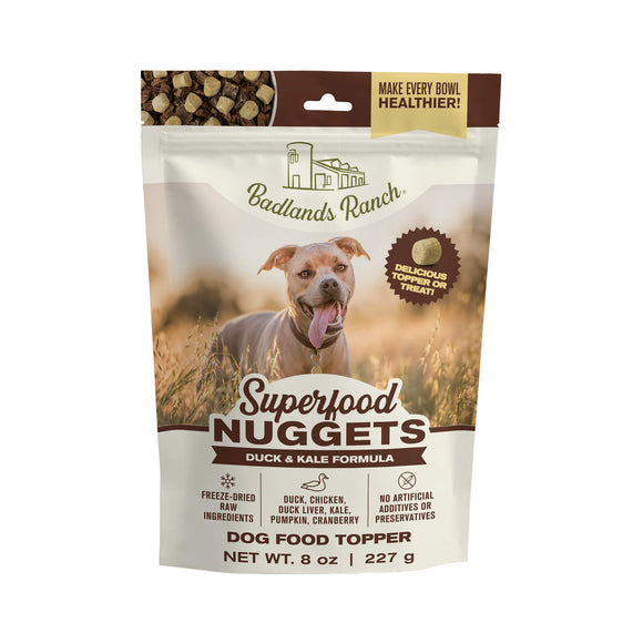 Bag of Badlands Ranch Superfood Nuggets dog food topper with a dog on the packaging.