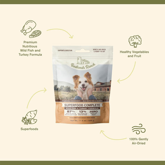 Food Features of Badlands Ranch Superfood Complete Premium Air Dried Wild Fish & Turkey Dog Food