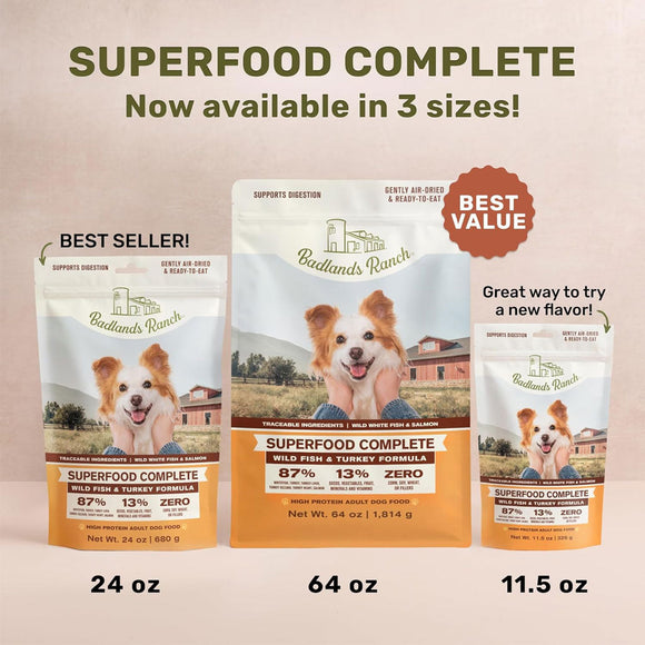 Size availability of Badlands Ranch Superfood Complete Premium Air Dried Wild Fish & Turkey Dog Food